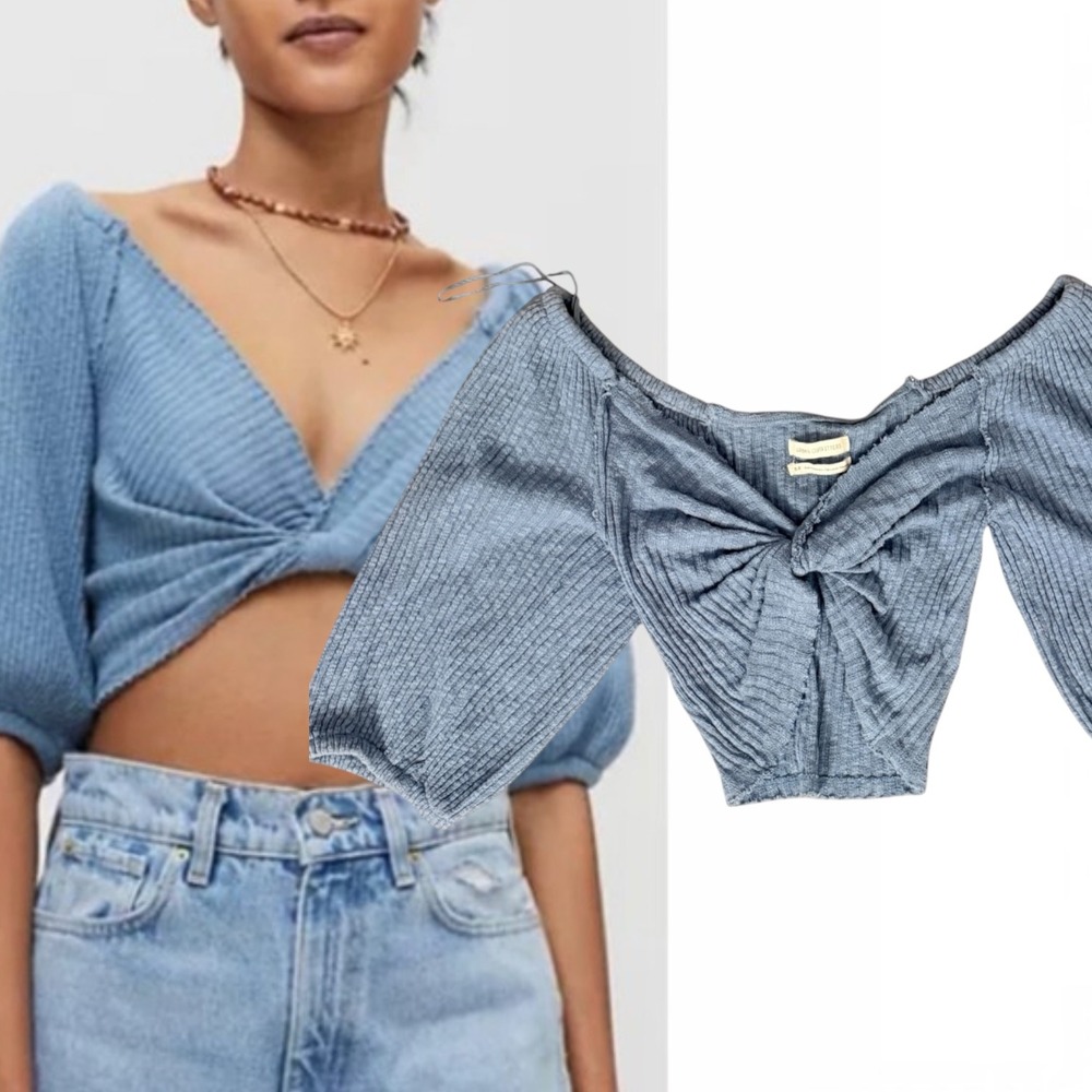 Urban Outfitters Twist Front Off Shoulder Crop Top Blue Small